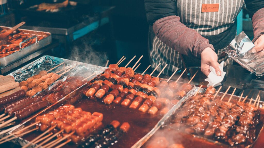 Korean-street-food-skewers-in-Myeongdong-Seoul-Korea